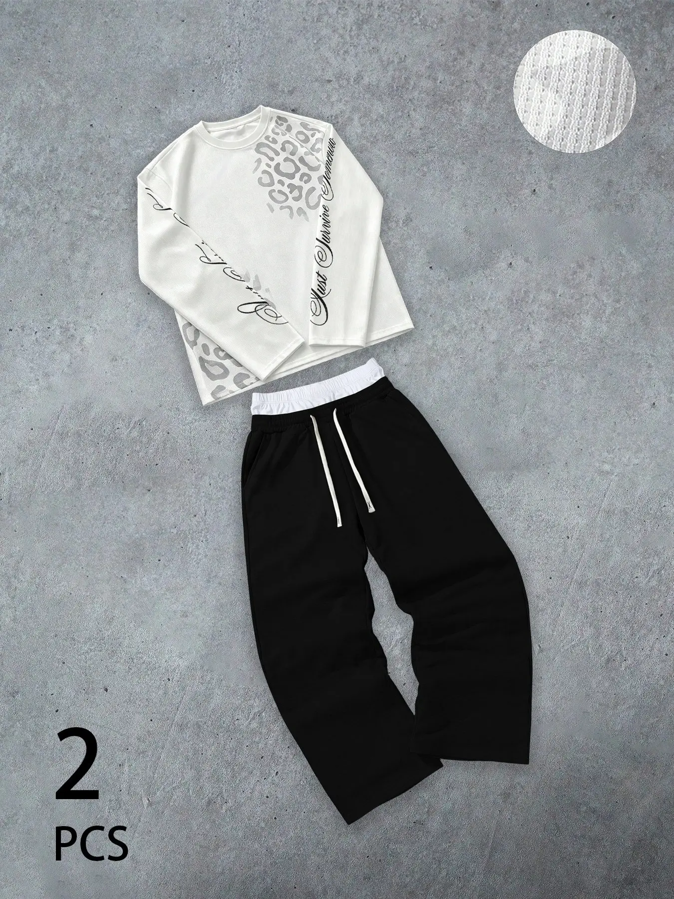 Men's 2 Piece Casual Outfit Menswear Waffle Knit Long Sleeve Crew Neck Top Leopard Letter Graphic Print Wide Leg Drawstring Sweatpants Matching Set Breathable Loose Fit For Campus Commute Weekend Streetwear Daily Leisure Wear