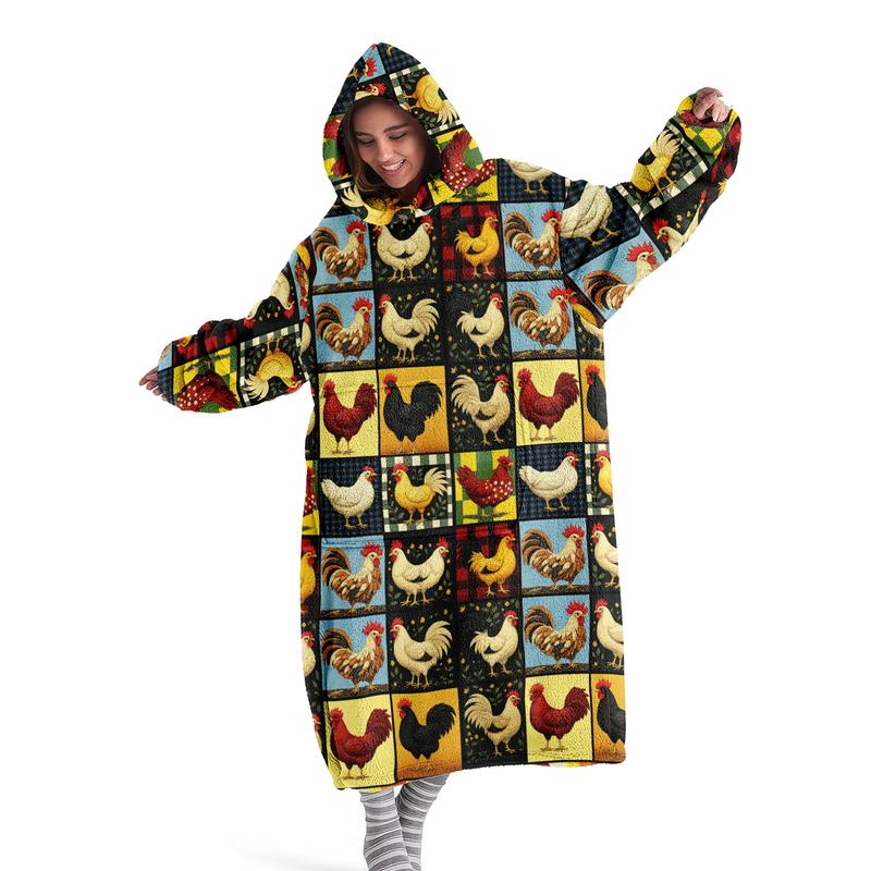 hoodie blanket，Wearable Blanket，Hooded Blanket Wearable Throw, Patchwork Chicken Hoodie Blanket, Digital Print Flannel Soft Warm Blanket for Sofa Home Leisure Air Conditioning Nap Office Bed Camping Travel Gift，Christmas Gift,Valentine's Day gift
