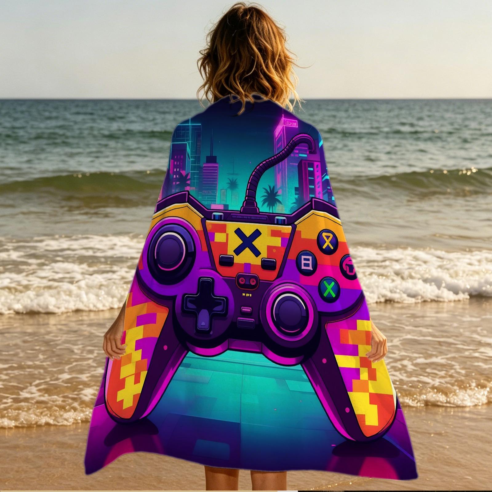 Neon Game Controller Print Beach Towel, a Unique Cyberpunk‑Style Game Controller Beach Towel, Perfect for Beach Vacations, Poolside Fun, and Outdoor Camping—Creating a Trendy and Cool Summer Getaway Experience