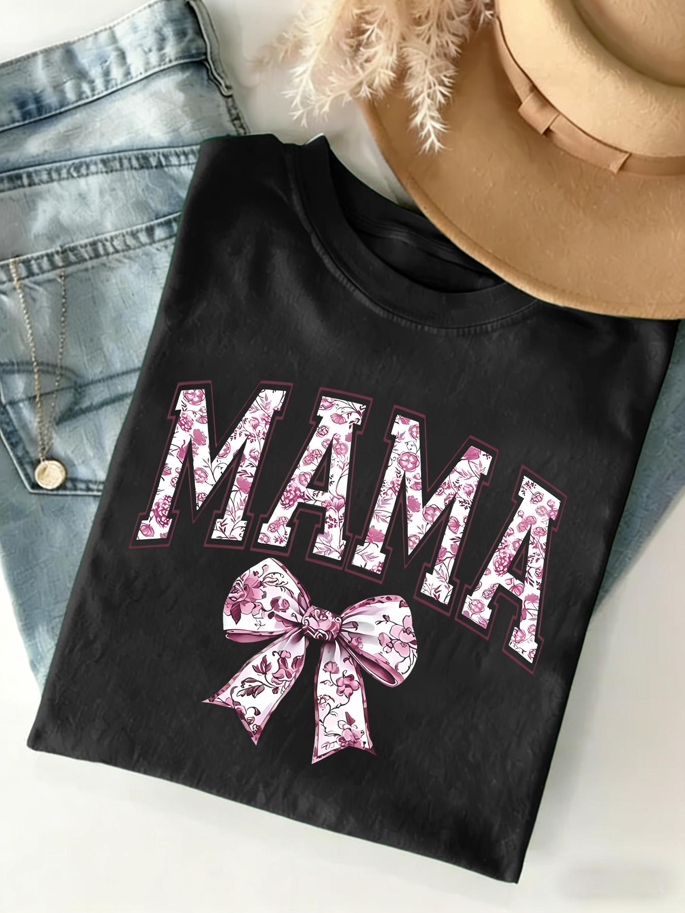 Mama Letter & Bow Print Round Neck Tee, Fashion Casual Crew Neck T-Shirt for Daily Holiday Vacation Outdoor Wear, Ladies Clothes for All Seasons, Top