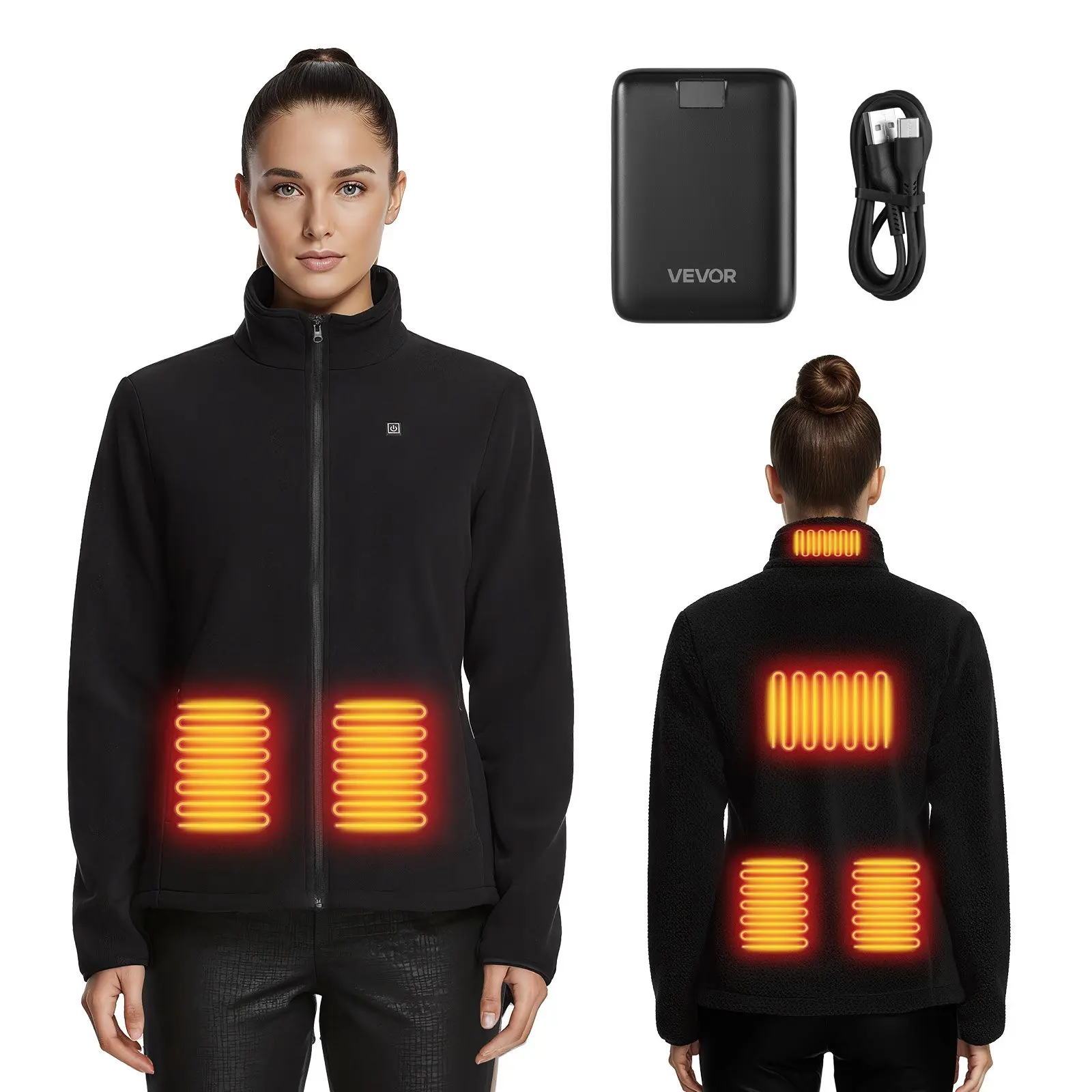VEVOR Women's Heated Fleece Jacket Size L, Black, 6 Heating Zones, 3 Heat Levels, 7.4V 16000mAh Power Bank
