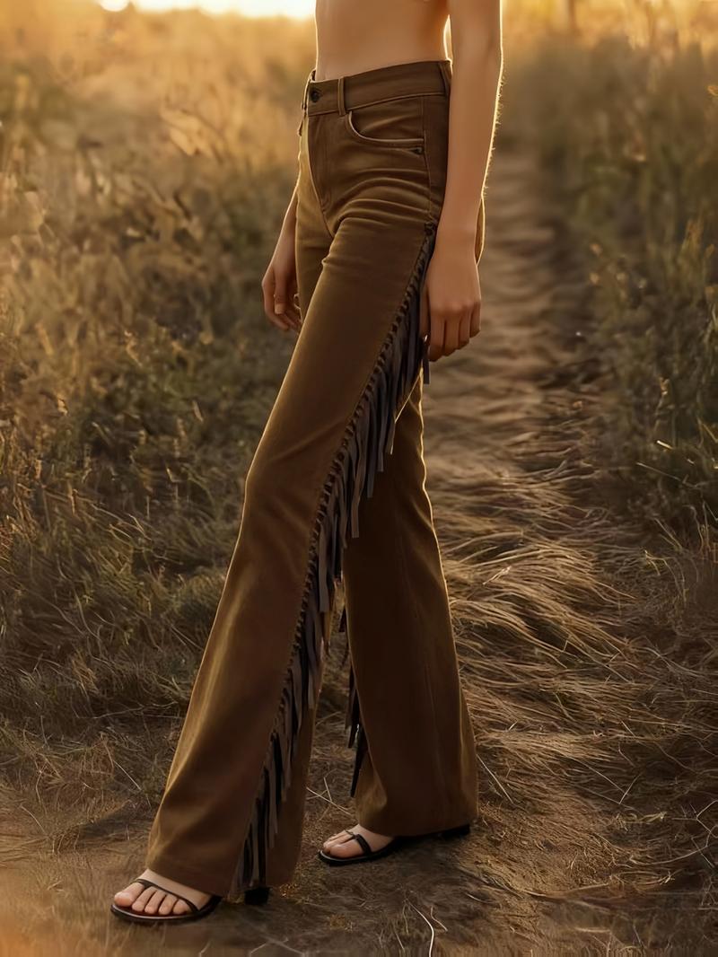 Women's Retro Western Faux Suede Bell-Bottom Pants, High Waist Fringe Flare Leggings, Casual Slim Fit, Music Festival