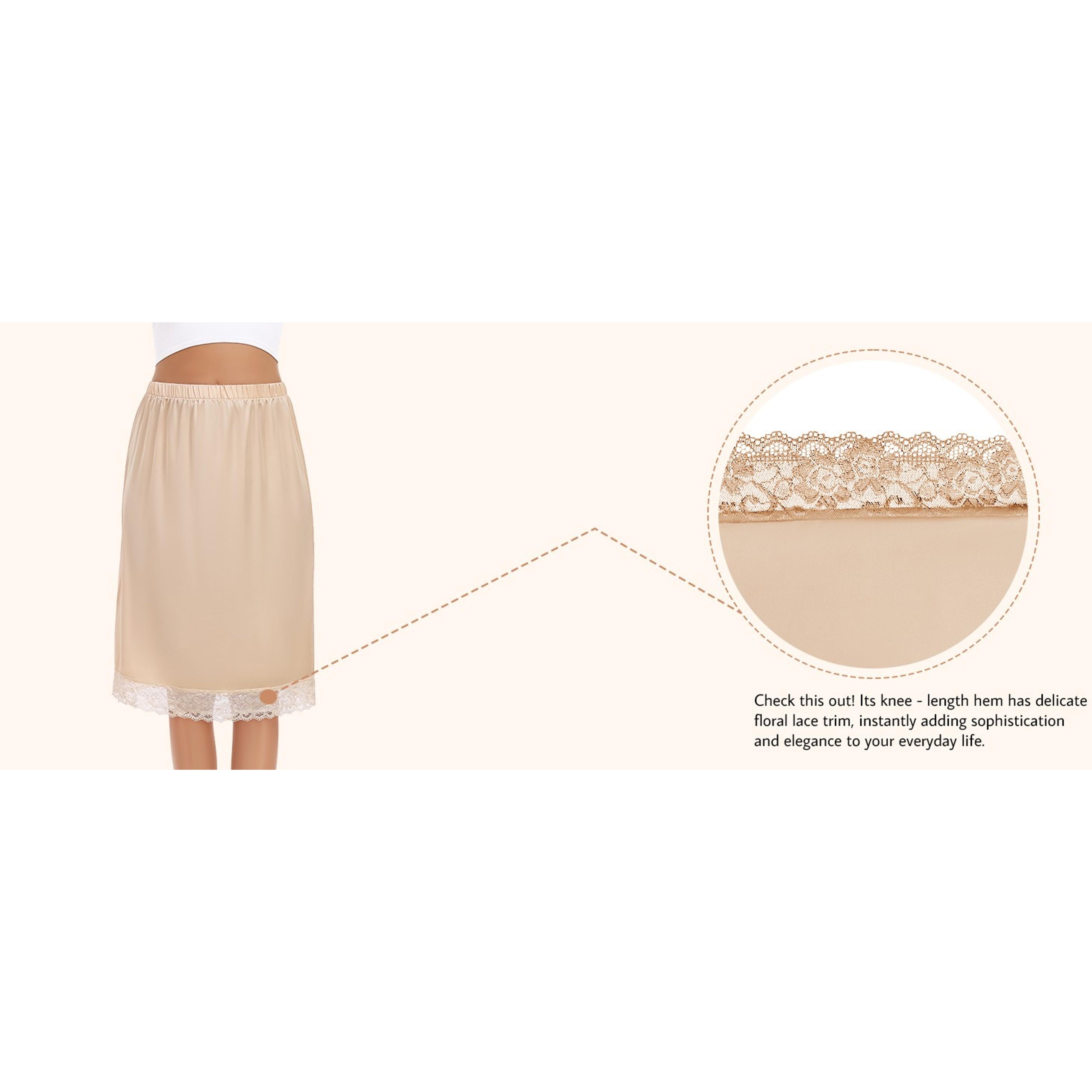 2 Pieces Half Slips for Women Long Underskirt Anti Static Satin Under Skirt with Lace Trim Slip for Skirts Dress S-3XL