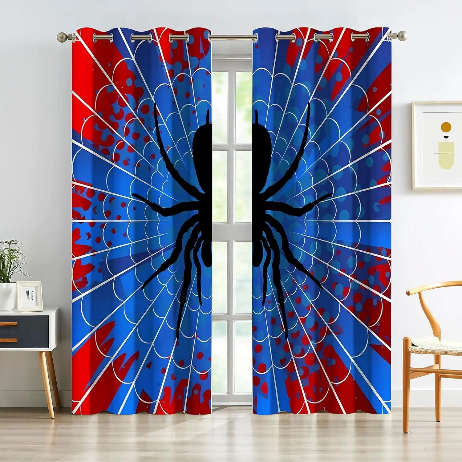 Spider Web Curtains - Superhero Theme - Blackout Thermal Insulated Drapes for Kids Room, Bedroom, Living Room - Blue & Red Design - 42 x 84 Inches, 2 Panels
