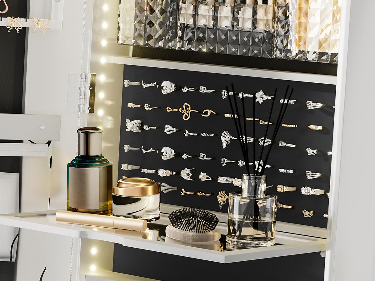 Standing Rotable Mirror Cabinet, full-length mirror, adjustable lighting make up mirror, armoire, space-saving, large storage space, perfect gift idea White Decor