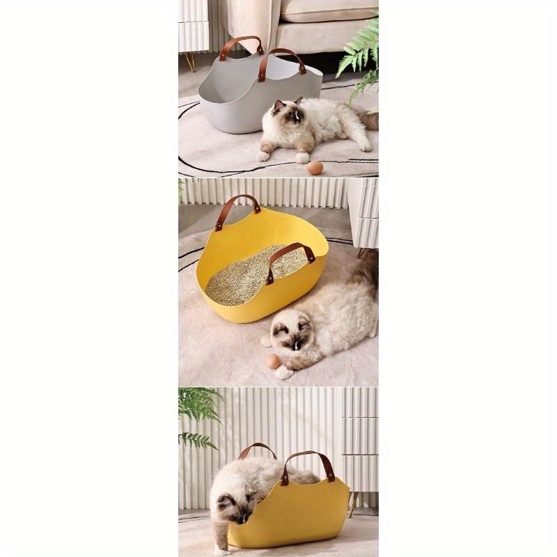 Large Semi-Enclosed Cat Litter Box, Open Front, Anti-Splashing, Portable with Handle, Easy Clean, Modern White & Brown, for Home Travel Apartment