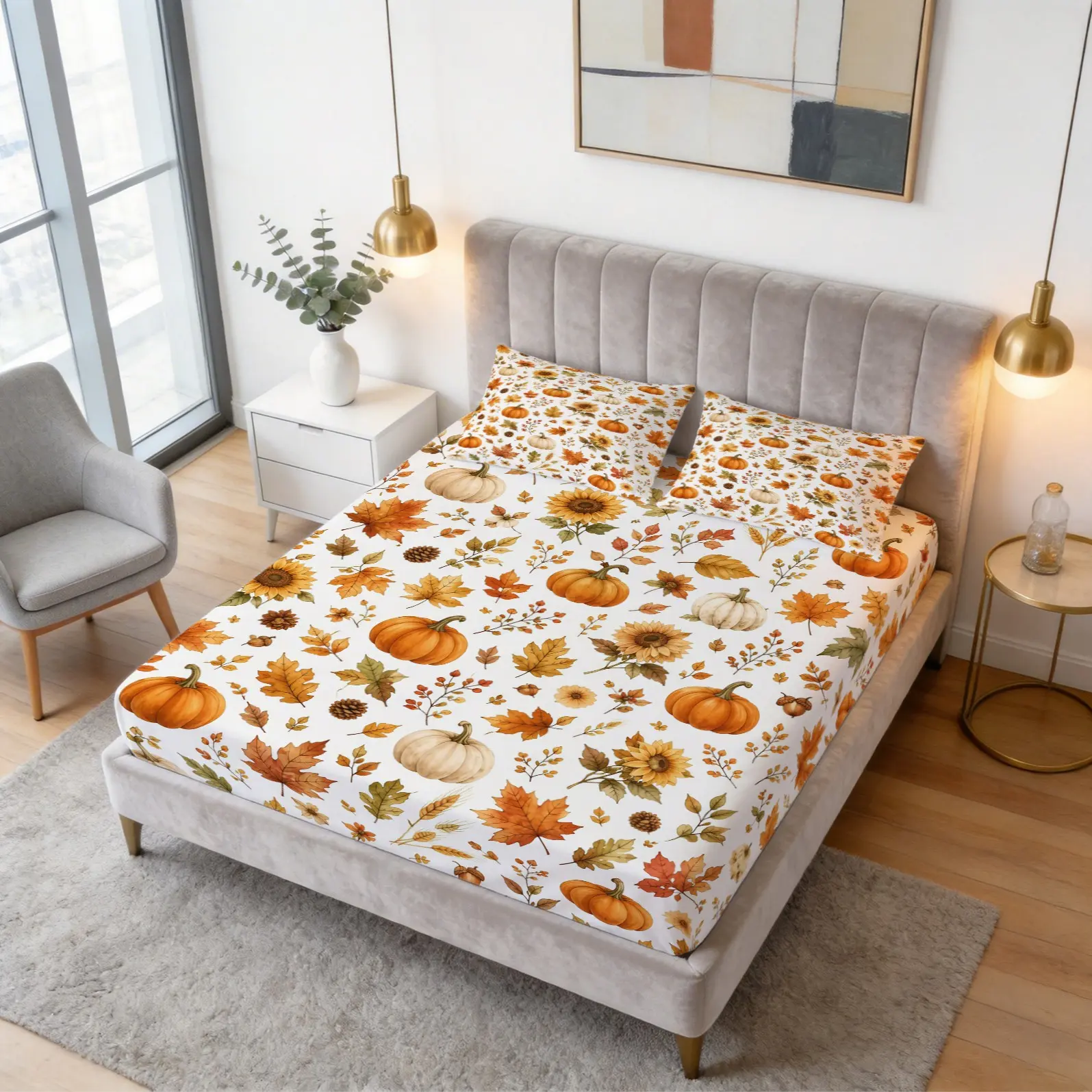 Orange Pumpkin Print Pattern Bed Sheet Set, Autumn Harvest Themed Decoration, 1 Bed Sheet With 2 Pillowcases (Excluding Pillow Core), Suitable For Teenage And Adult Bedrooms, Suitable As Decoration And Gift, Bedsheet Sets
