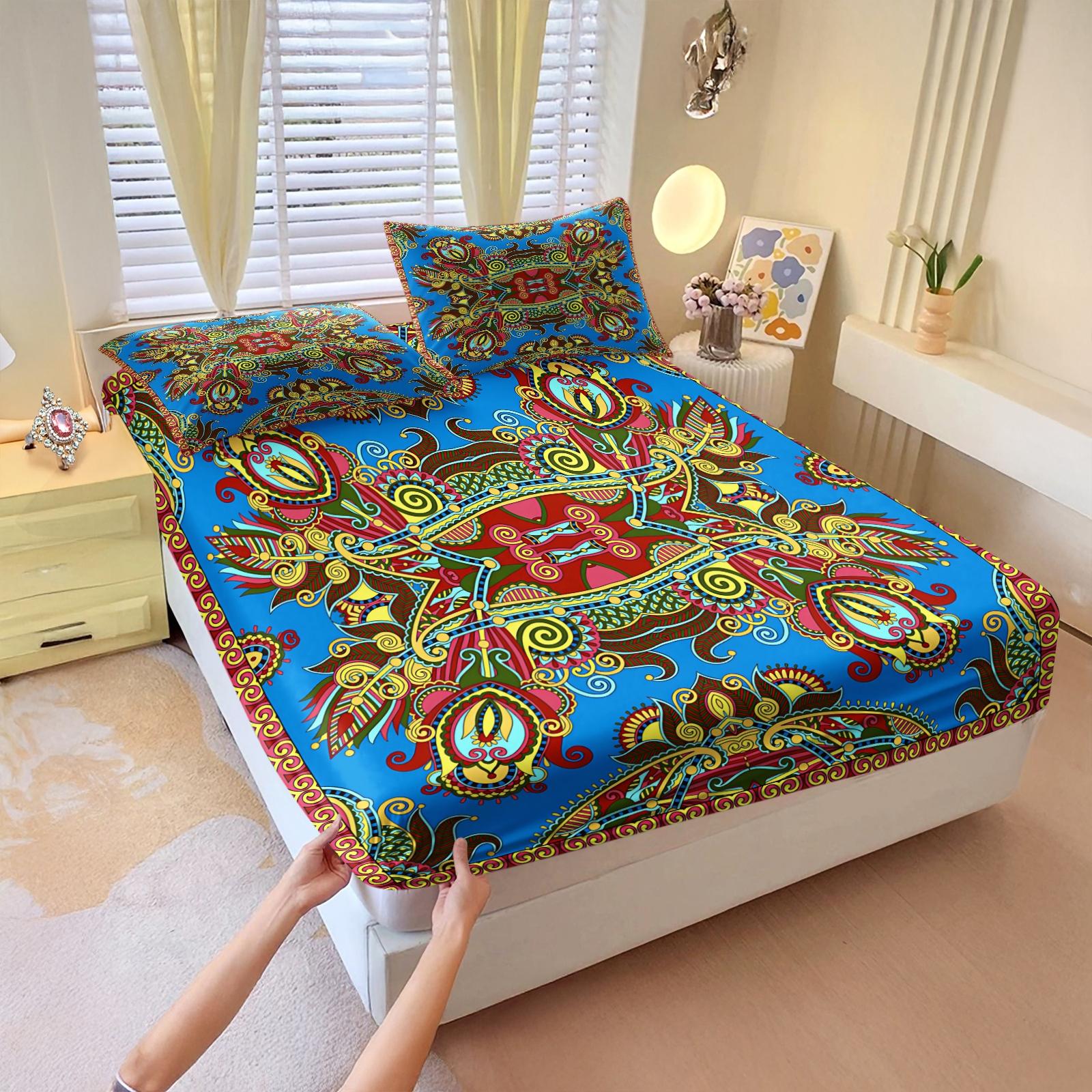 3Pcs Boho Paisley Printed Fitted Sheet Set, Vibrant Ethnic Style Bedding Set, Ultra-Soft Breathable Microfiber Bed Sheet Set, Deep Pocket All-Season Bed Linen, Ideal for Bedroom, Guest Room, Dorm Decor, Home Use