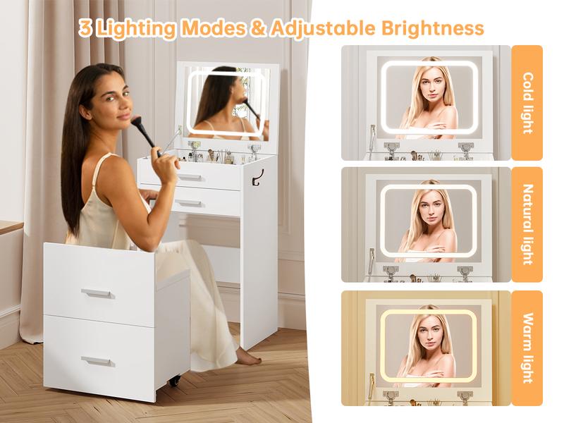3-in-1 Compact Vanity Desk with 3 Drawers Flip-Up Lighting Mirror & Cushioned Stool Modern White Makeup Table for Bedroom Office Nightstand