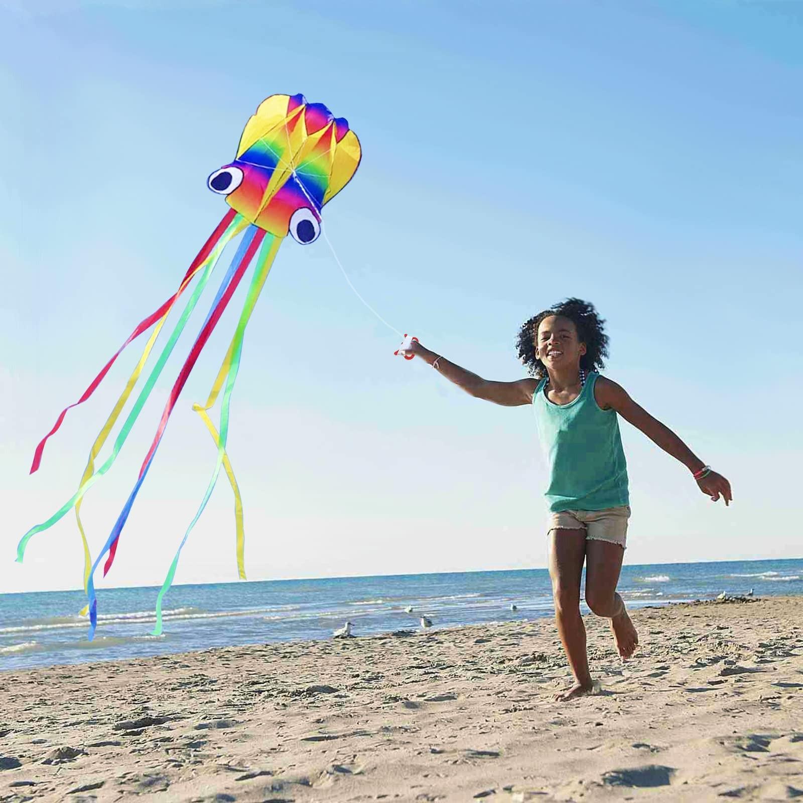 Huge Rainbow Soft Octopus Kite for Adults, Large Kite with Long Tail 100m Line and Handle, Great Gift for Boys Girls, Beach Trip Outdoor Game