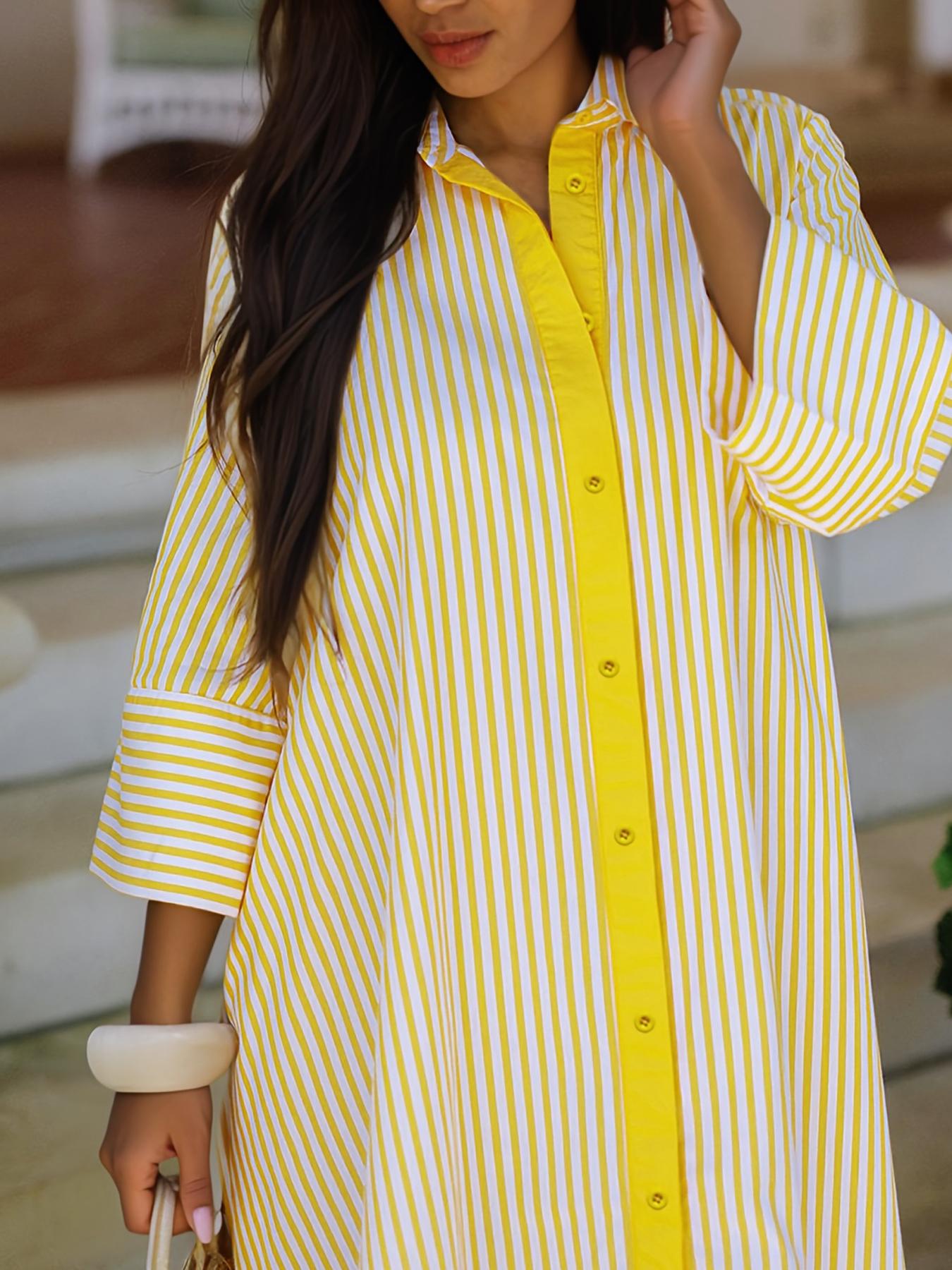 Elegant Women's Loose Collared Button Front Striped Shirt Dress, Perfect for Office and Casual Occasions, Stylish and Comfortable Spring Wear, Boho Summer Dresses Style Womenswear, Chic Dress