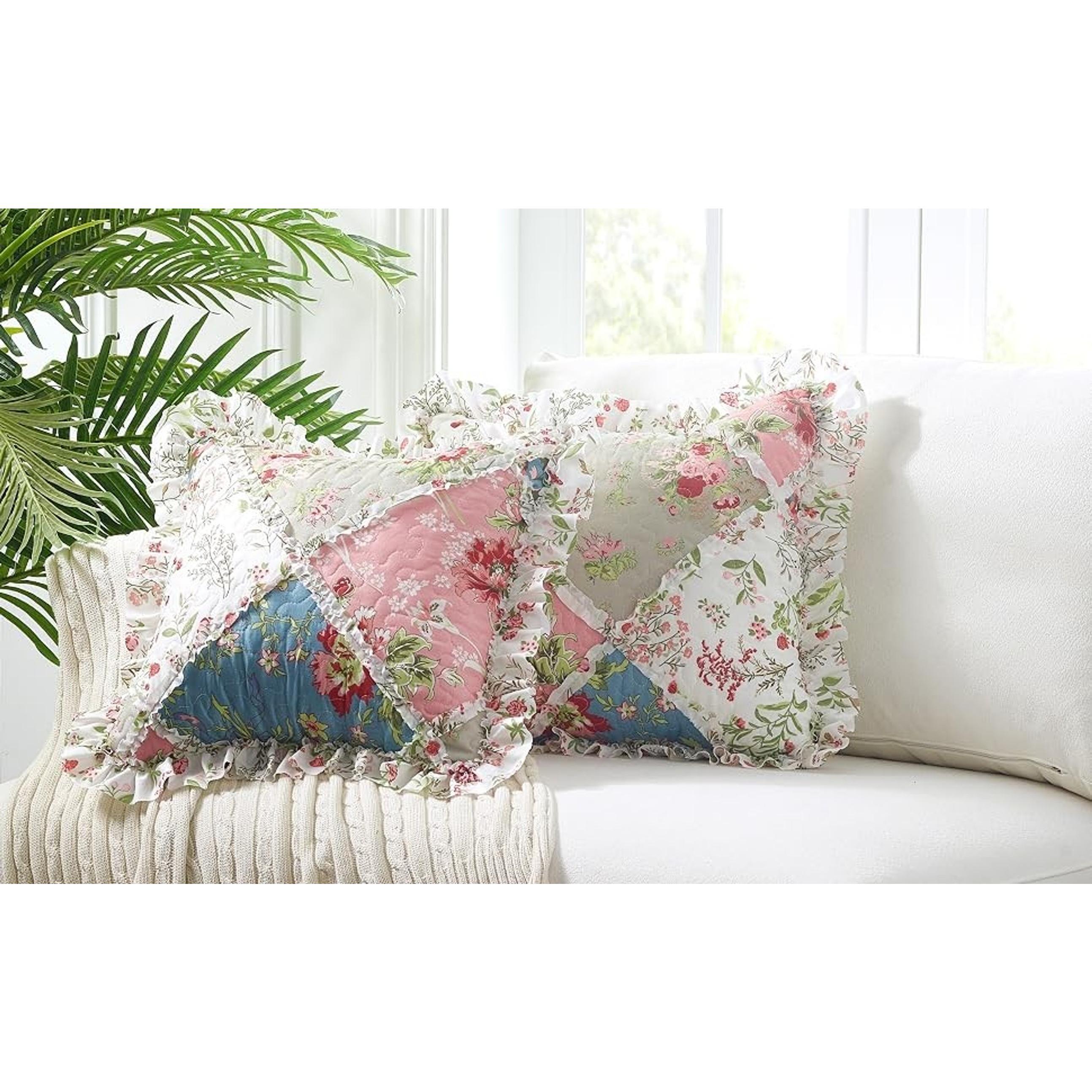 Pink & Green Roses Ruffle Pillow Shams Set, 18 x 18 Inches, Patchwork Quilted Pillow Covers with Ruffles, Washable Throw Cushion Cases for Couches and Beds, Pack of 2Gift Pink & Green Roses Ruffle Pillow Shams Set, 18 x 18 Inches, Patchwork Quilted Pillow Covers with Ruffles, Washable Throw Cushion Cases for Couches and Beds, Pack of 2Gift