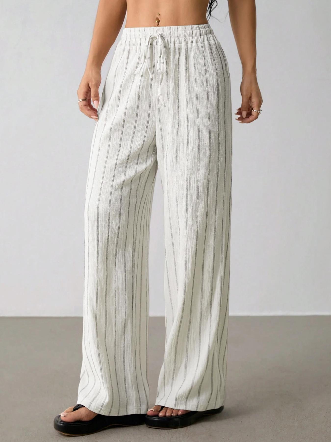 Valentine's Day Women's Striped Waist Tie Straight Leg Loose Casual Belted Pants, Fitted Style, Moderate Fabric Thickness, All Seasons Wear Valentine's Day Women's Striped Waist Tie Straight Leg Loose Casual Belted Pants, Fitted Style, Moderate Fabric Thickness, All Seasons Wear