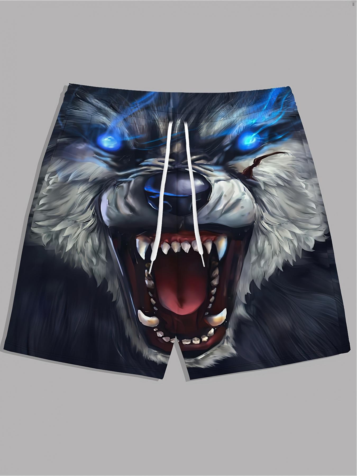 Men's extra-large and extra-extra large 3D printed pattern shorts - Bold wolf design, featuring blue eyes and white fur, breathable polyester beachwear, adjustable waist design, machine washable, adjustable swimsuit, wolf pattern shorts, polyester shorts