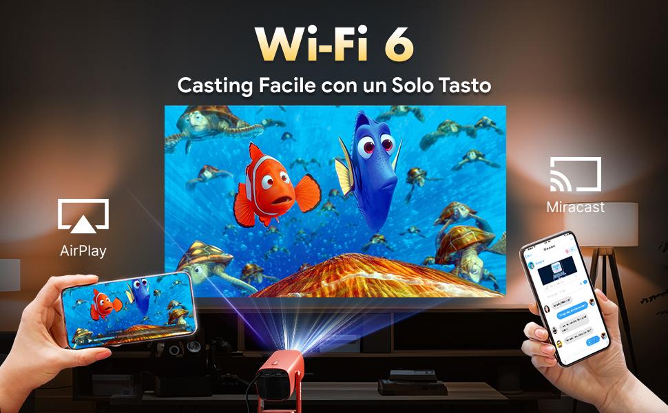 SkyEcho Portable Gimbal Projector. 270° Rotating Universal Motion Mount. Auto Focus & Keystone Correction. 4K Hardware Decoding. dual WiFi 6. Android OS. Bluetooth 5.2. Wireless Screen Mirroring & Casting.Projector for bedroom Audio