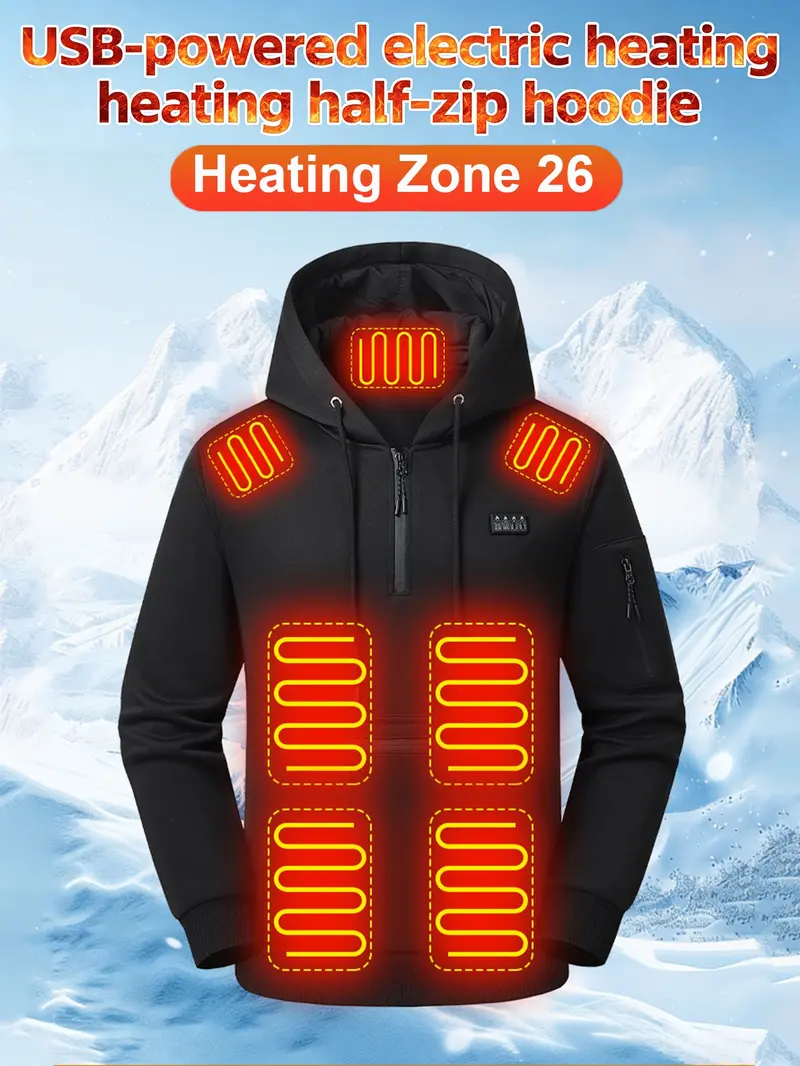 Men's 26 Heating‑Zones Half‑Zip Heated Hoodie, USB Powered Electric Heating Pullover Hooded Sweatshirt with Heating Panels on Hood, Shoulders, Back & Belly, Zipper Arm Pocket, Winter Warm Top, Hoodie with Pockets (Power Bank NOT Included)