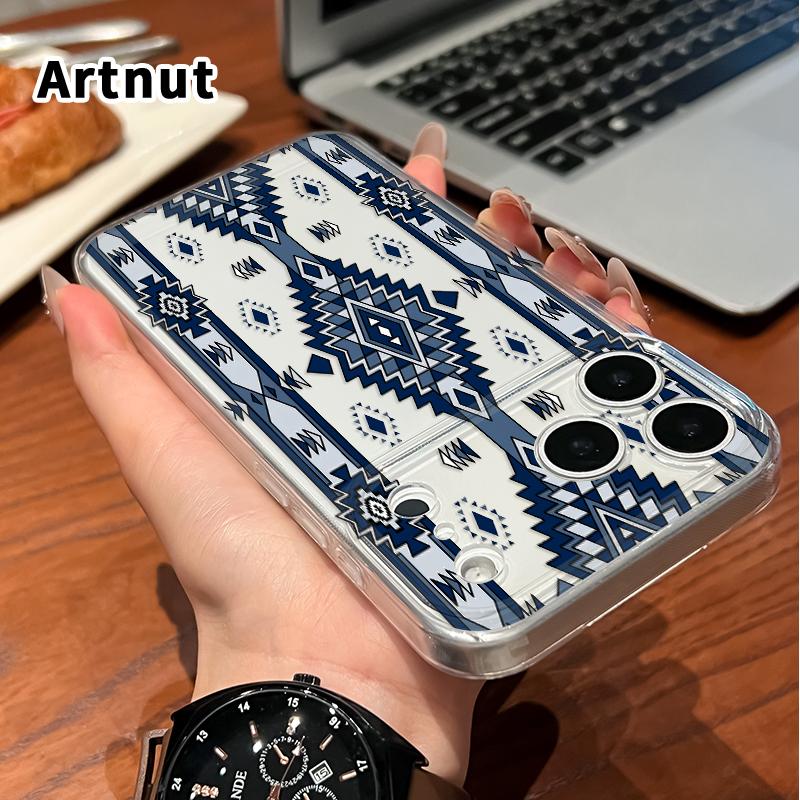 Phone Case for iPhone 17 Pro Max 16 Plus 15 14 13 12 11 XS XR E Aztec Blue Geometric Non-Yellowing Shockproof Clear slim Protective Softcase