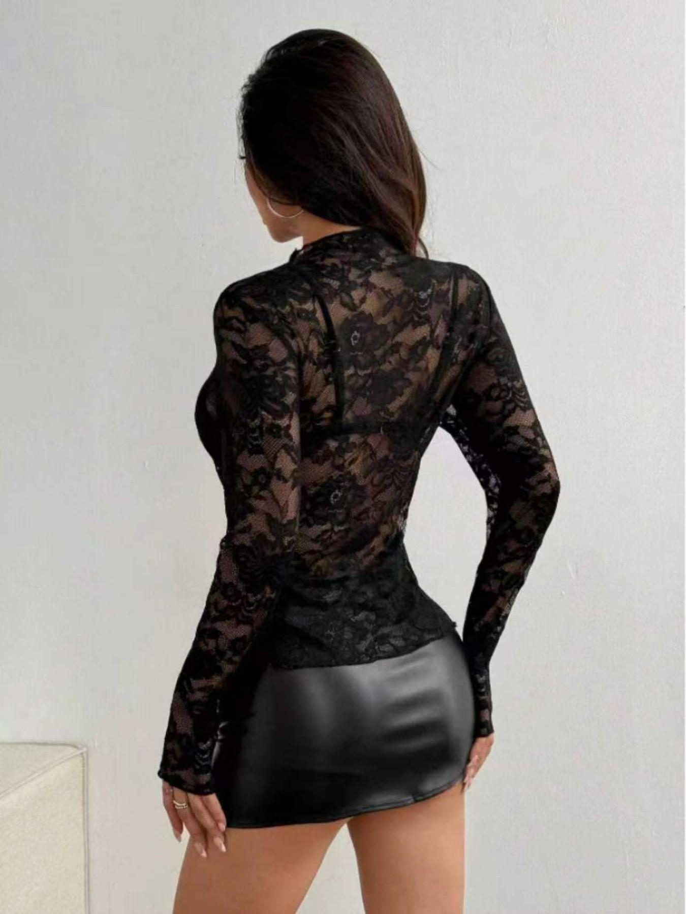 Sexy Lace Cami Top for Women, Sheer Simple Color Style, Slim Fit Fashion Innerwear, Short Sleeve Long Sleeve Shirt, Trendy Ladies' Clothing