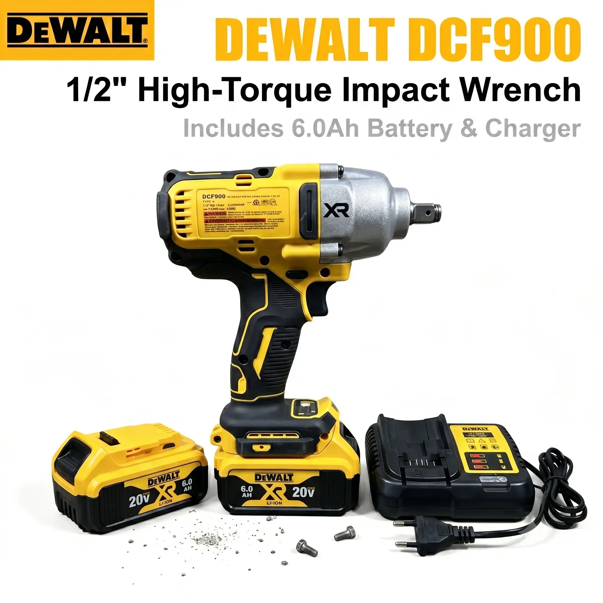 DEW F900 Cordless Impact Wrench Kit with Battery and Charger, 1/2-in Square Drive, 900Nm Max Torque, 0-3200i/min Impact Frequency, 0-2800r/min No-Load Speed, eavy-Duty andheld Auto-Repair Construction Tool