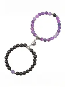 2-Piece Magnetic Heart Couple Bracelet Set, Purple Crackle Agate & Matte Black Beaded Bracelets, Matching Distance Jewelry for Long-Distance Partners, Ideal Romantic Valentine Day Gift