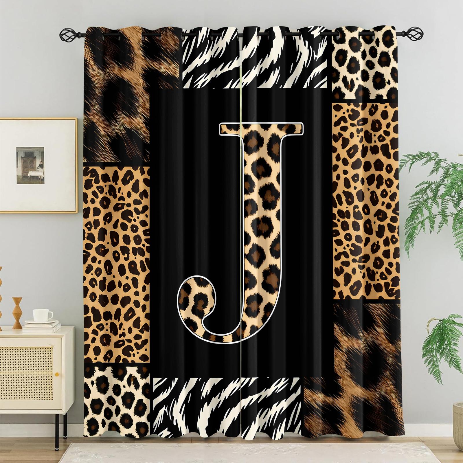 2 Panels 26 Letters Leopard Print Curtains, 80%-90% Light Blocking Curtains, Alphabet Printed Curtains, Stylish Decor Curtains for Bedroom Living Room, Wild Style Window Drapes, Ideal Gift