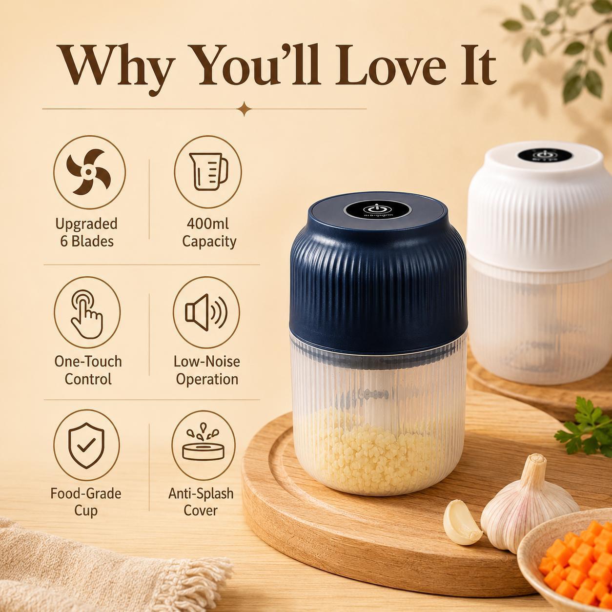 Upgraded 400ml Electric Food Chopper – 6-Blade USB Rechargeable Mini Food Processor – High-Speed Grinding for Garlic, Meat, Vegetables & Herbs – One-Touch Operation for Quick Meal Prep – Portable Kitchen Gadget for Home & Camping