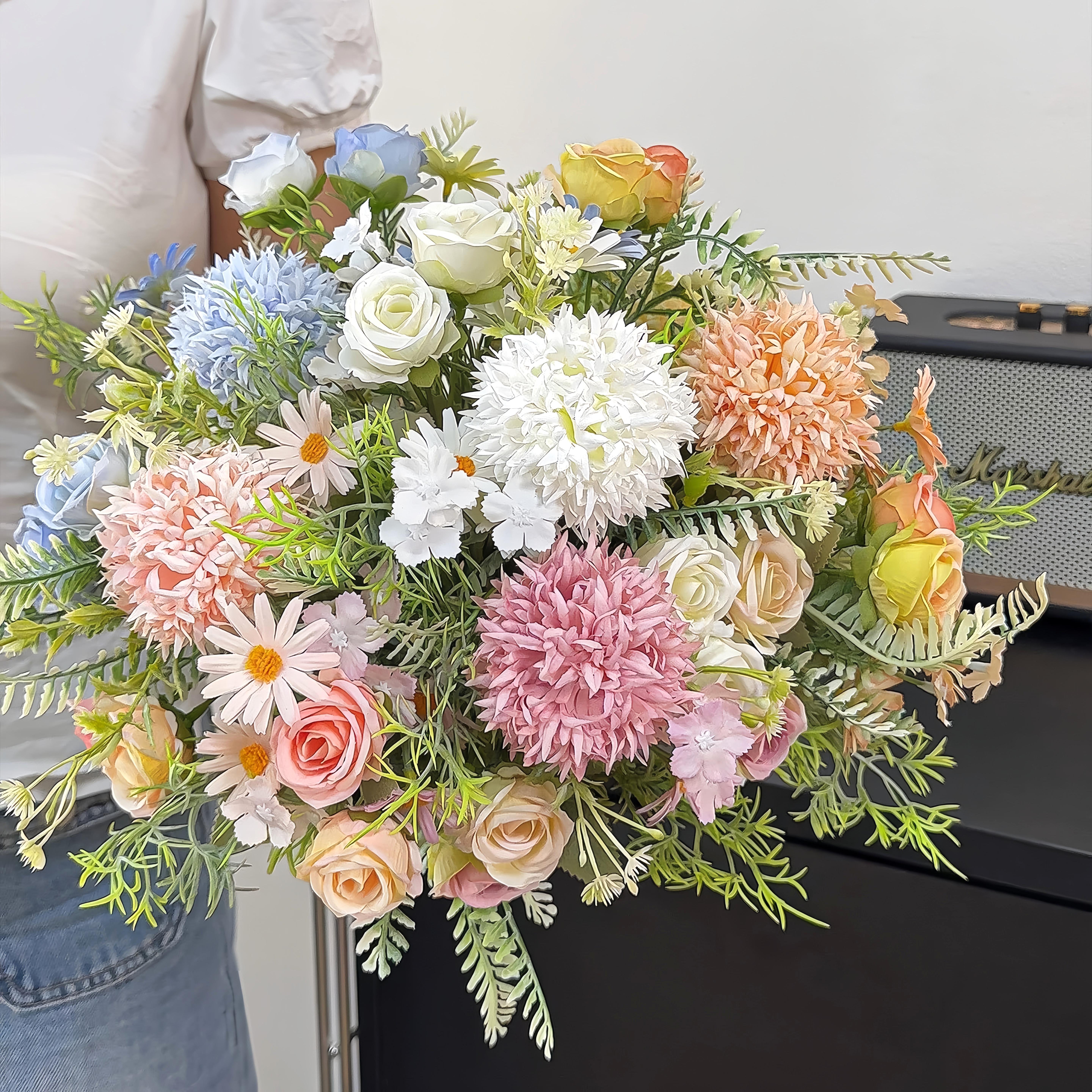 5Pcs Artificial Flowers 7 Stems Mixed Fake Bouquet with Rose Daisy Chrysanthemum Hydrangea, No Fade Faux Flower Arrangement for Wedding Bridal Bouquet Home Decor Garden Party Gift, Rustic Farmhouse Style