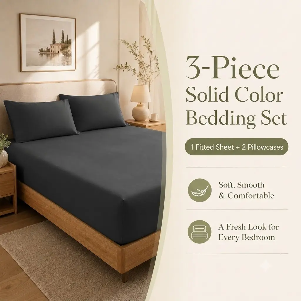 3pcs Solid Color Fitted Bed Sheet (1Fitted Sheet+2 Pillowcases) with Soft And Comfortable Fabric. Multi Color Mattress Protective Cover And Machine Washable Mattress Cover Are Suitable for Bedrooms, Guest Rooms, And Dormitories.