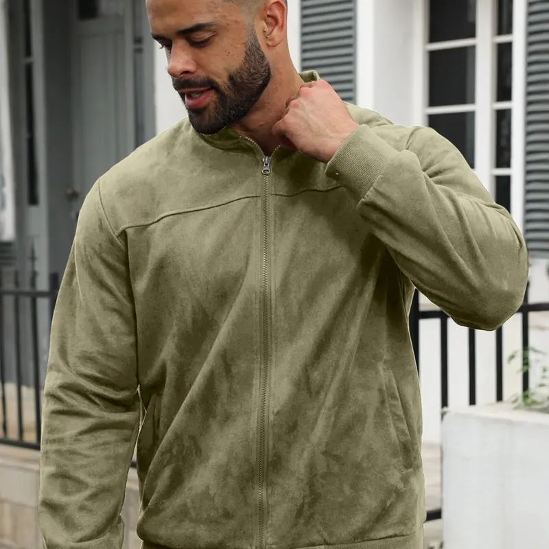 Men's Solid Color Suede Long Sleeve Jacket, Fall & Winter Casual Vintage Style Coat with Zipper Pockets, Classic Men's Denim Outerwear