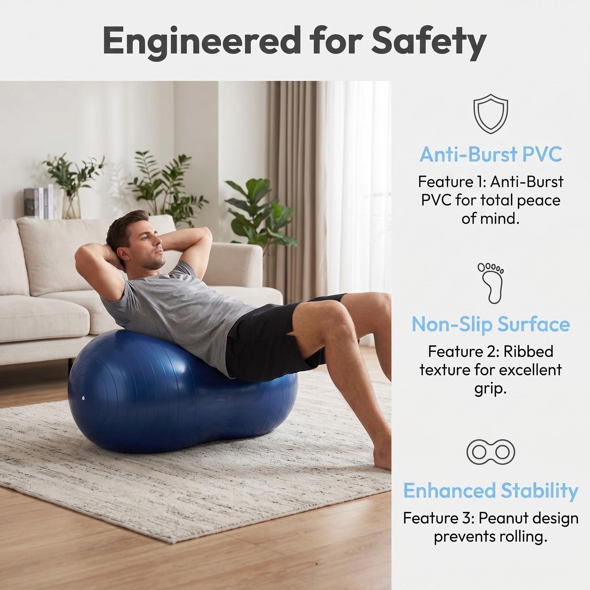 90×45cm Peanut Ball, Anti-Burst Exercise Ball, Yoga Ball, Gym Quality Fitness Ball with Pump, Ideal for Core Strength Training and Flexible Seating.
