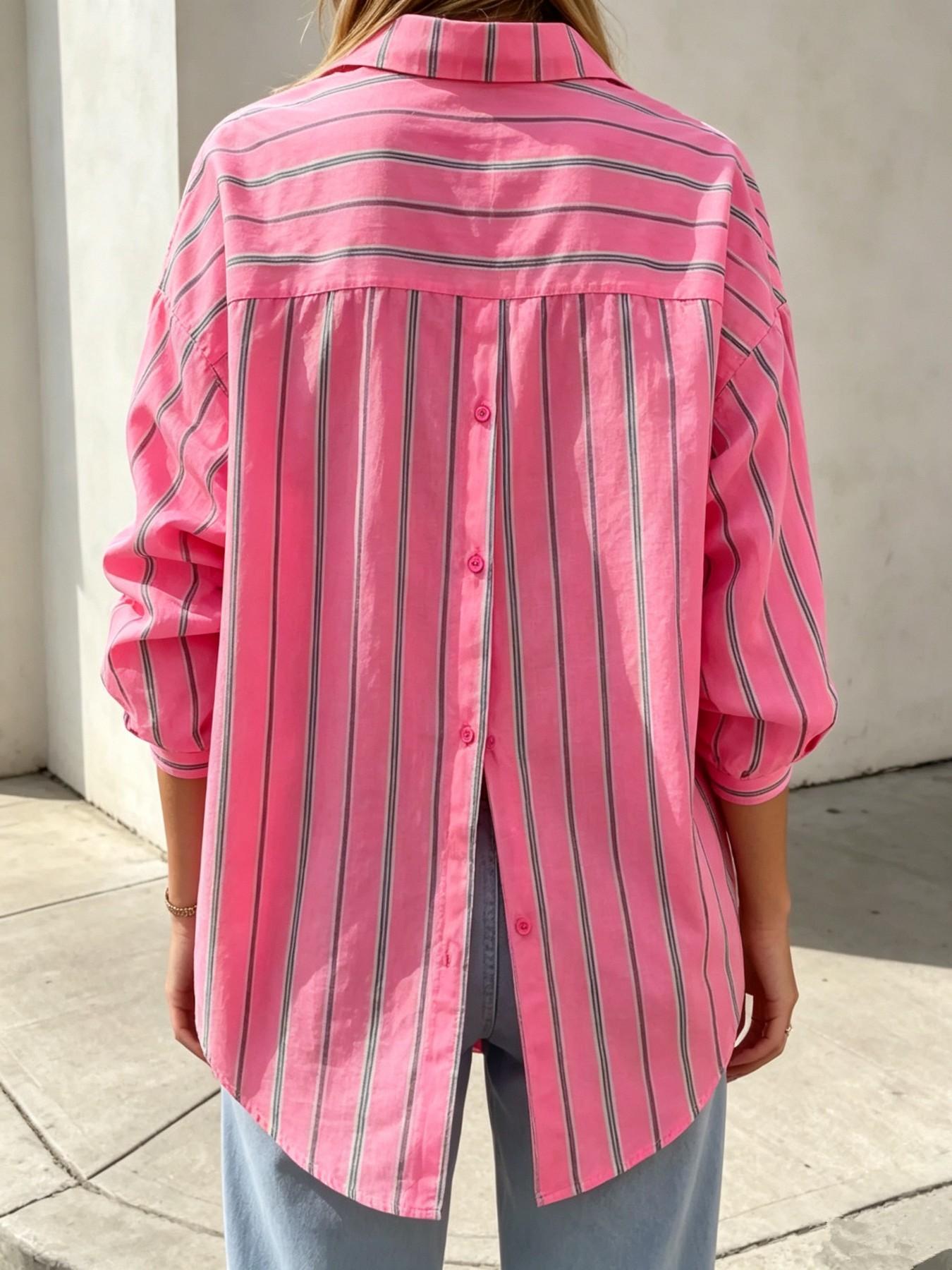 Women's Bright Striped Back Split Button Loose Long Sleeve Shirt, Casual Breathable Comfortable Top, Spring Fall Fashion, Button Blouse Shirt