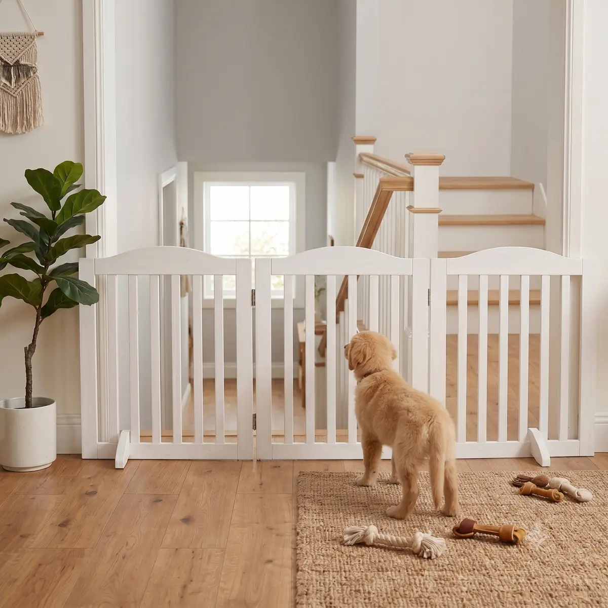 [Bellemave] 30 inch/24 inch Wooden Freestanding Foldable Pet Gate for Dogs, 3 Panels Step Over Fence, Dog Gate for The House, Doorway