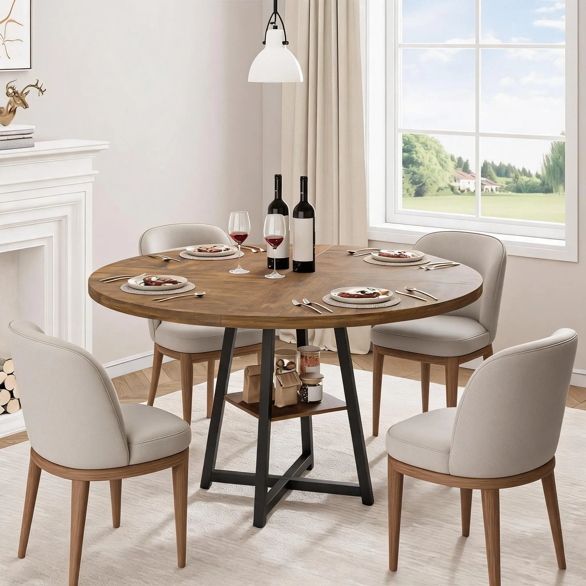 Garvee 47" Round Industrial Dining Table - Seats 4-6, Kitchen Dining Table for Home Use