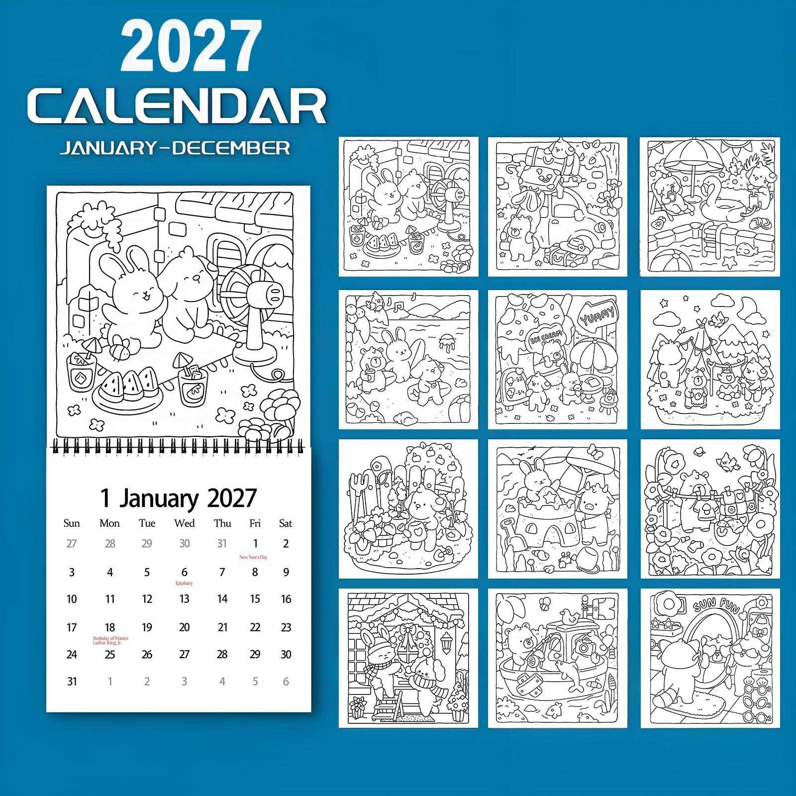 2027 Cute Cartoon Animals DIY Coloring Calendar 12 Months Stress Relief Relaxing Hand-drawn Line Art Desk Calendar Planner for Adults Kids Art Craft Gift,TikTokMadeMeBuyIt,kids calendar,new year calendar,coloring page calendar