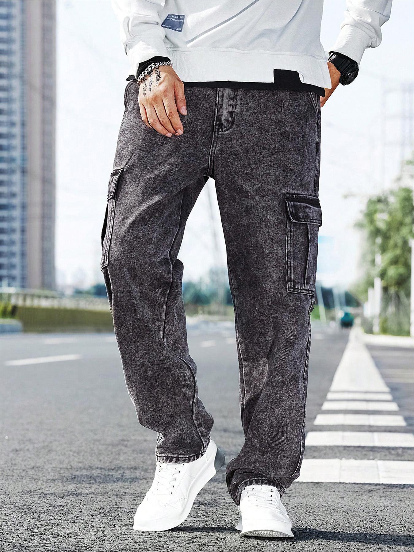Men's Solid Flap Pocket Cargo Jeans, Loose Casual Street Fashion Denim Pants for Daily Wear, Men's Trousers for All Seasons