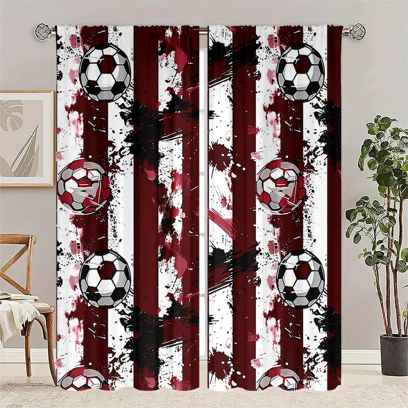 2 pieces of football-themed cartoon patterned curtains, made of polyester with semi-transparent texture, machine washable, suitable for bedrooms, living rooms and home decoration.