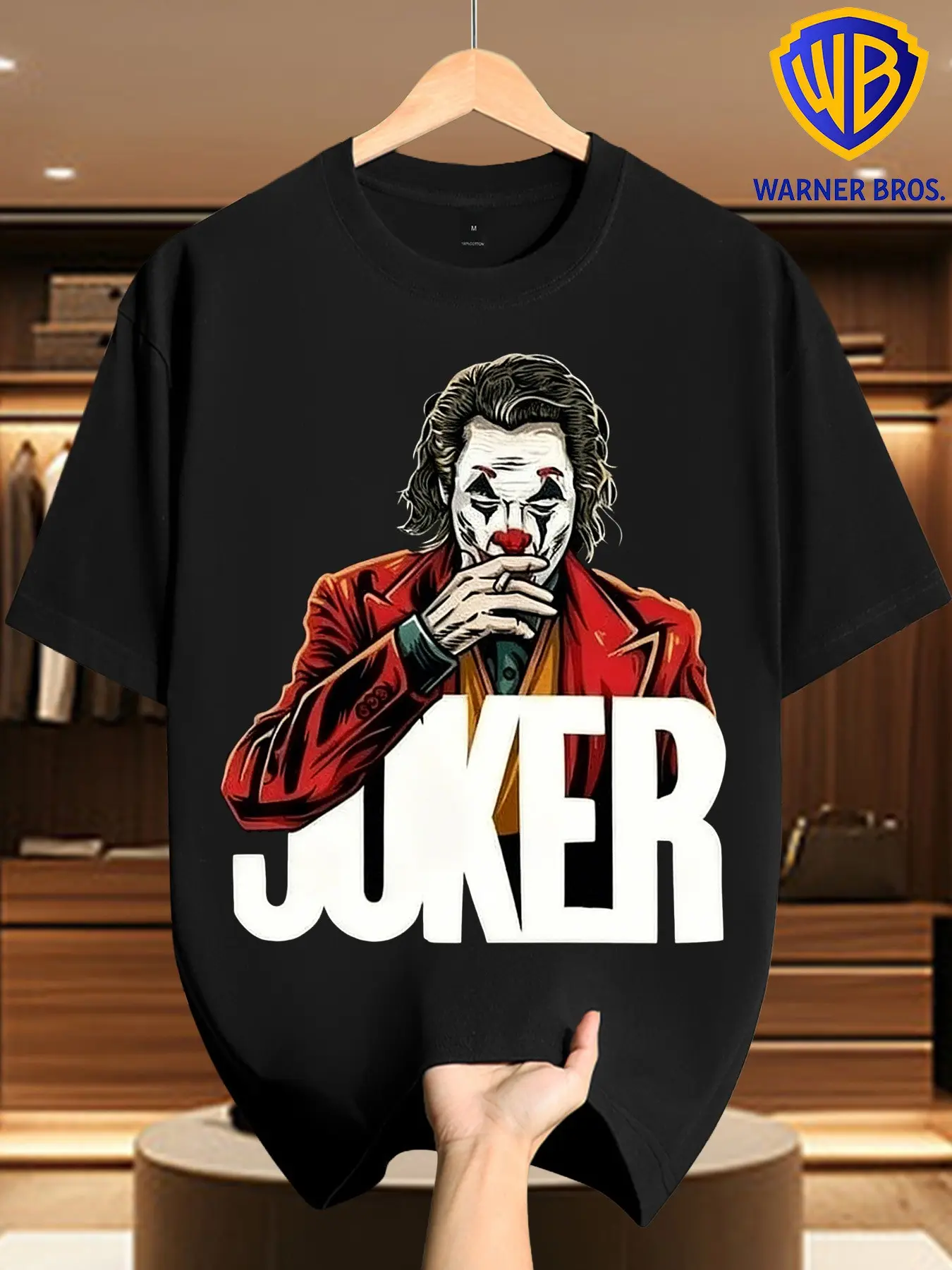 Warner Bros Joker Print T-Shirt, Casual Loose-Fit Long Sleeve Top, Retro Movie Villain Pattern, Gothic Street Style