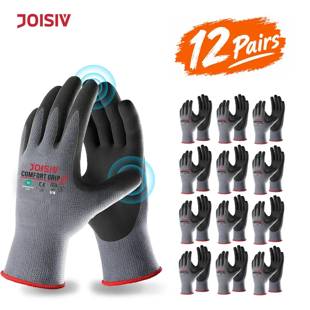 Joisiv 12 Pairs Work Gloves, Nitrile Coated, Anti-Slip Breathable Safety Gloves, Touchscreen Compatible, Ideal for Gardening, Construction, Warehouse, Safety Working Gloves