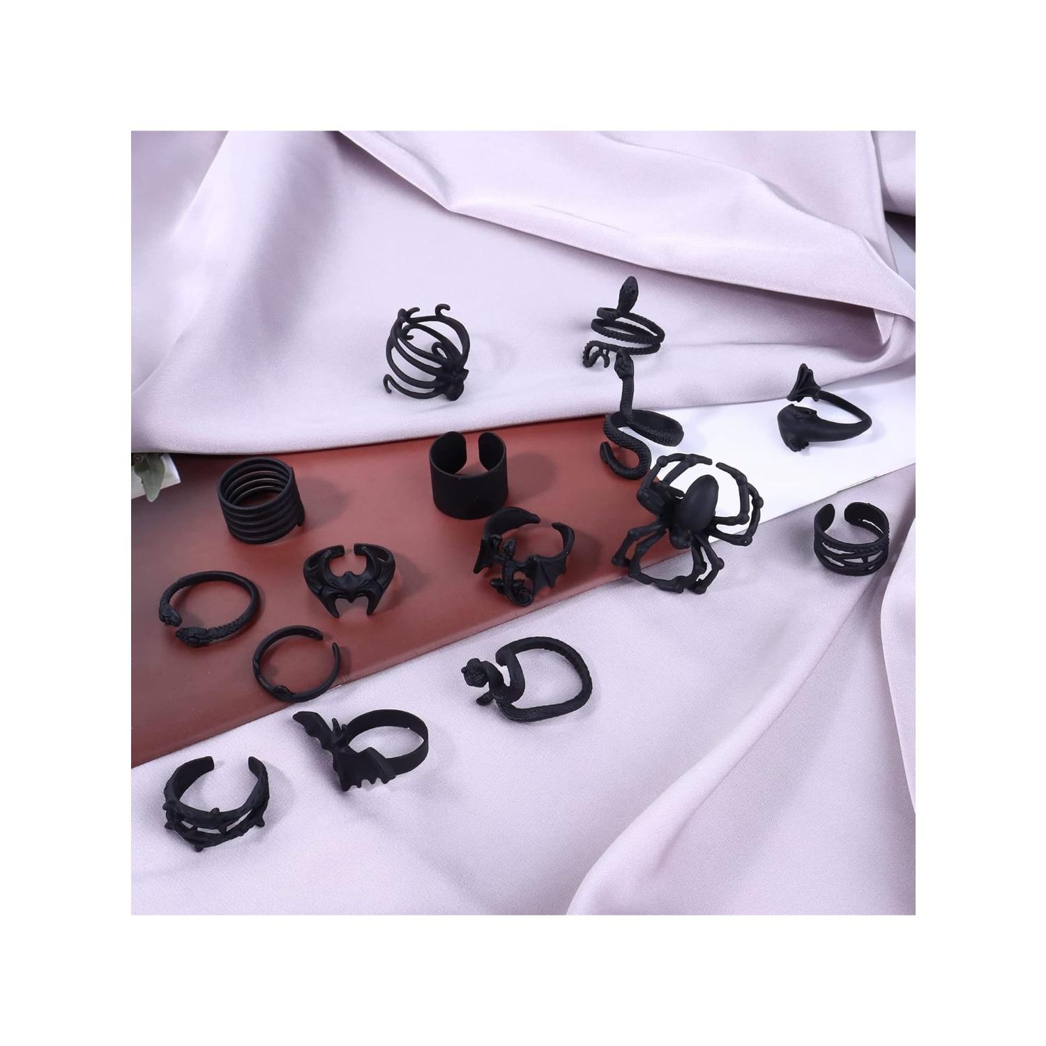 15 Pcs Black Rings Set for Women Girls Snake Bat Devil Wing Spider Rose Cool Punk Gothic Rings Stacking Vintage Midi Black Adjustable Rings
