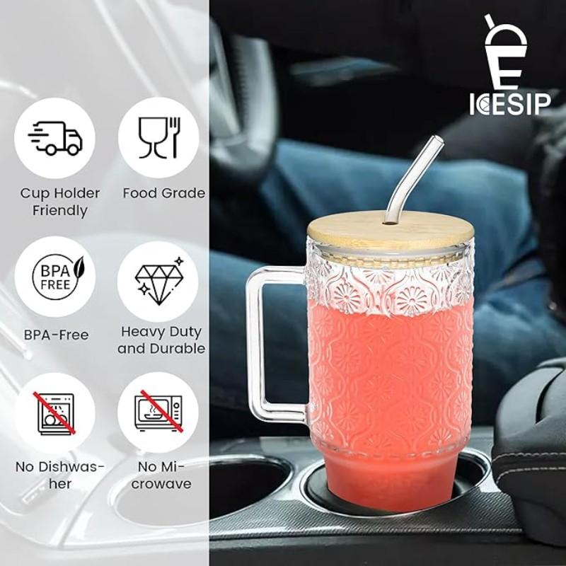 24oz Screw Top Glass Cup with Lid and Straw, Handle Water Bottle, Ice Coffee Mug, Reusable Transparent Drinkware for Smoothies and Beverages, Tumbler with Straw, Clear Water Bottle with Straw, Drink Container