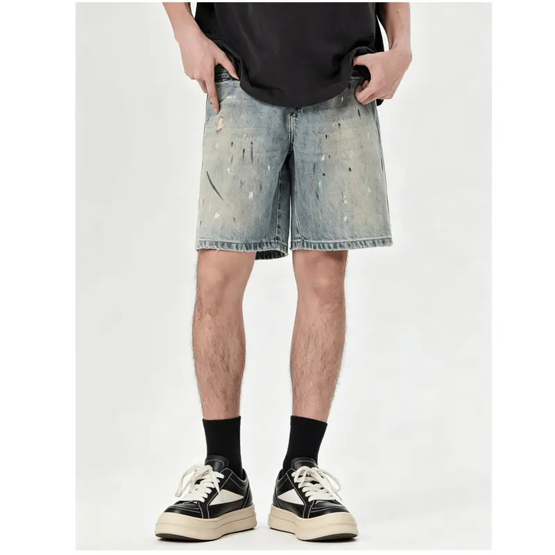 Z374 Men's 100% Cotton Jean Shorts - Trendy High Street Style, Splatter Print, Vintage Distressed, Casual Loose Fit, Mid-Length Sports Shorts