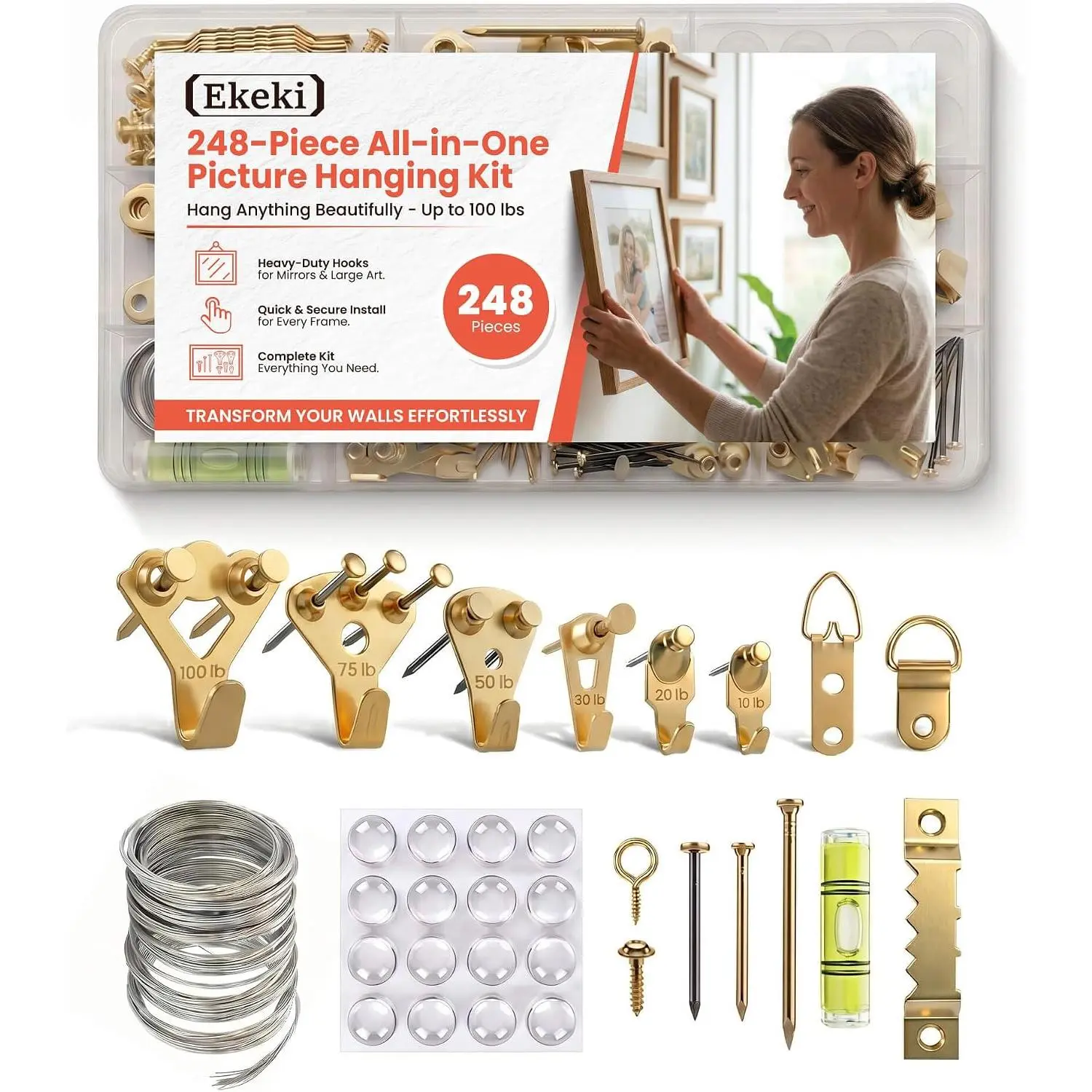 248 count Picture  Kit - Heavy Duty Hooks 10 to 100 lbs for Drywall, Hang Pictures, Frame, Mirror & Art Display, Hardware Tool Kit with Hook, Nails, Wire, Sawtooth Hangers, D Ring & Adhesive Dots