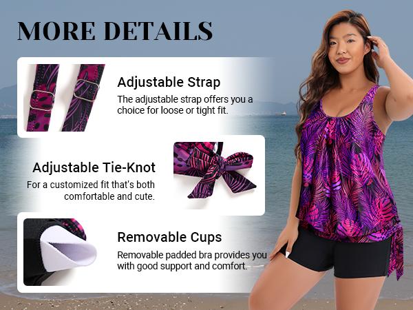 Holipick Black Plus Size Swimsuit for Women Two Piece Tankini Set Tummy Control Bathing Suits Blouson Tankini Top with Boy Shorts