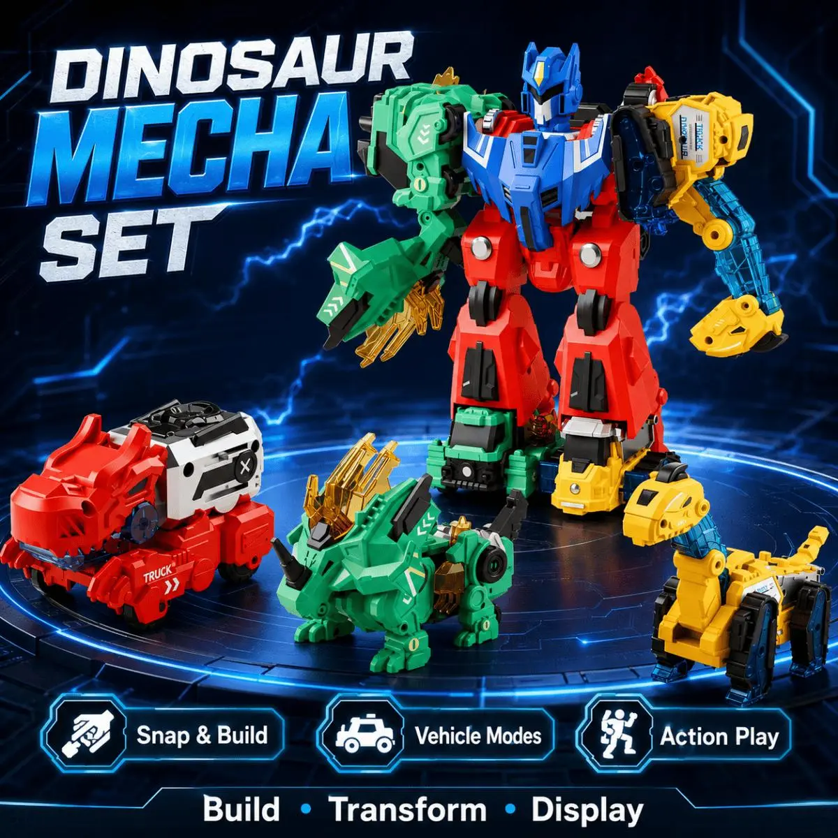 6IN1 Dino Construction Vehicle Transforming Toy Assemble into Large Combined Mecha Robot Interactive STEM Building Play Toy Gift Ready for Boys