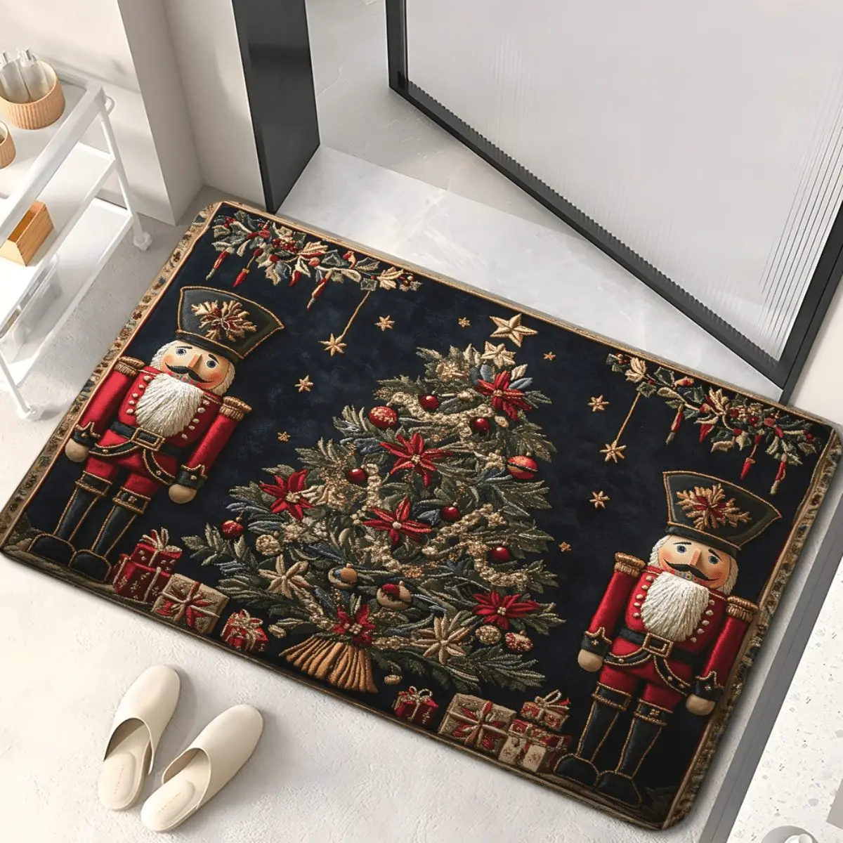 1pc of a Christmas-Themed Door Mat Featuring a Nutcracker Design, It Is a Non-Slip Bathroom Floor Mat, Made of flannel material. Suitable for Use in Bedrooms, Living Rooms