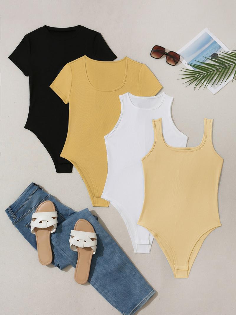 Women's Plain Scoop Neck Tank Bodysuit & Tee Bodysuit with Open Crotch Design, Stretchy Bodysuit, Casual Ribbed Bodysuit for Summer, Ladies Clothes for Daily Wear