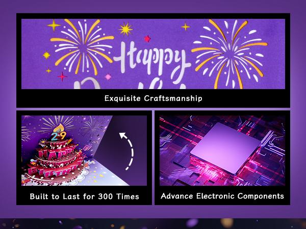 Happy Birthday Gift Card with DIY Number 1-99, Purple Birthday Card for Women with 3D Birthday Cake, Firework, Music, Envelope, Pop Up Greeting Card