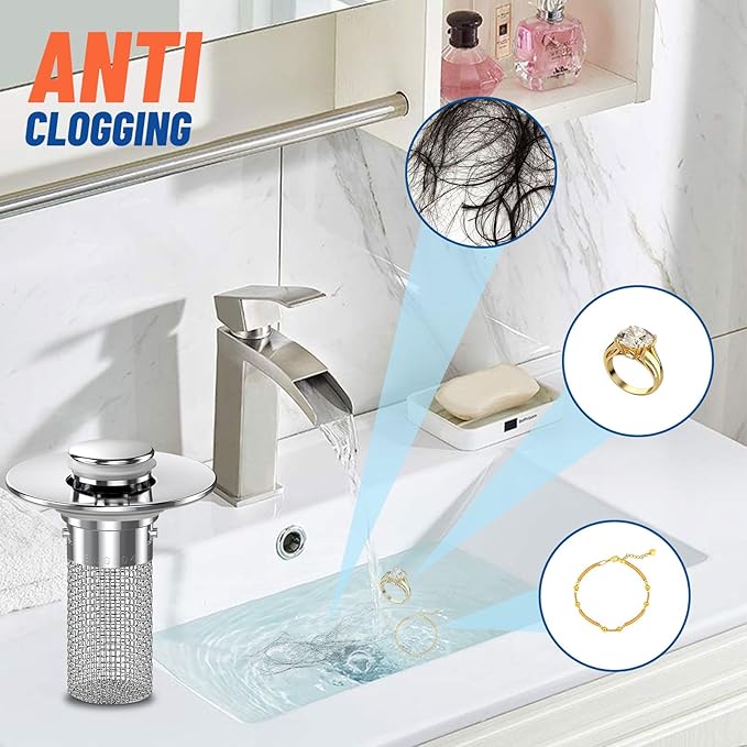 2 Pcs Bathroom Sink Stopper Hair Catcher, Universal Pop Up Sink Drain Filter with Stainless Steel Basket, Anti Clog Bathroom Essentials 2 Pcs Bathroom Sink Stopper Hair Catcher, Universal Pop Up Sink Drain Filter with Stainless Steel Basket, Anti Clog Bathroom Essentials
