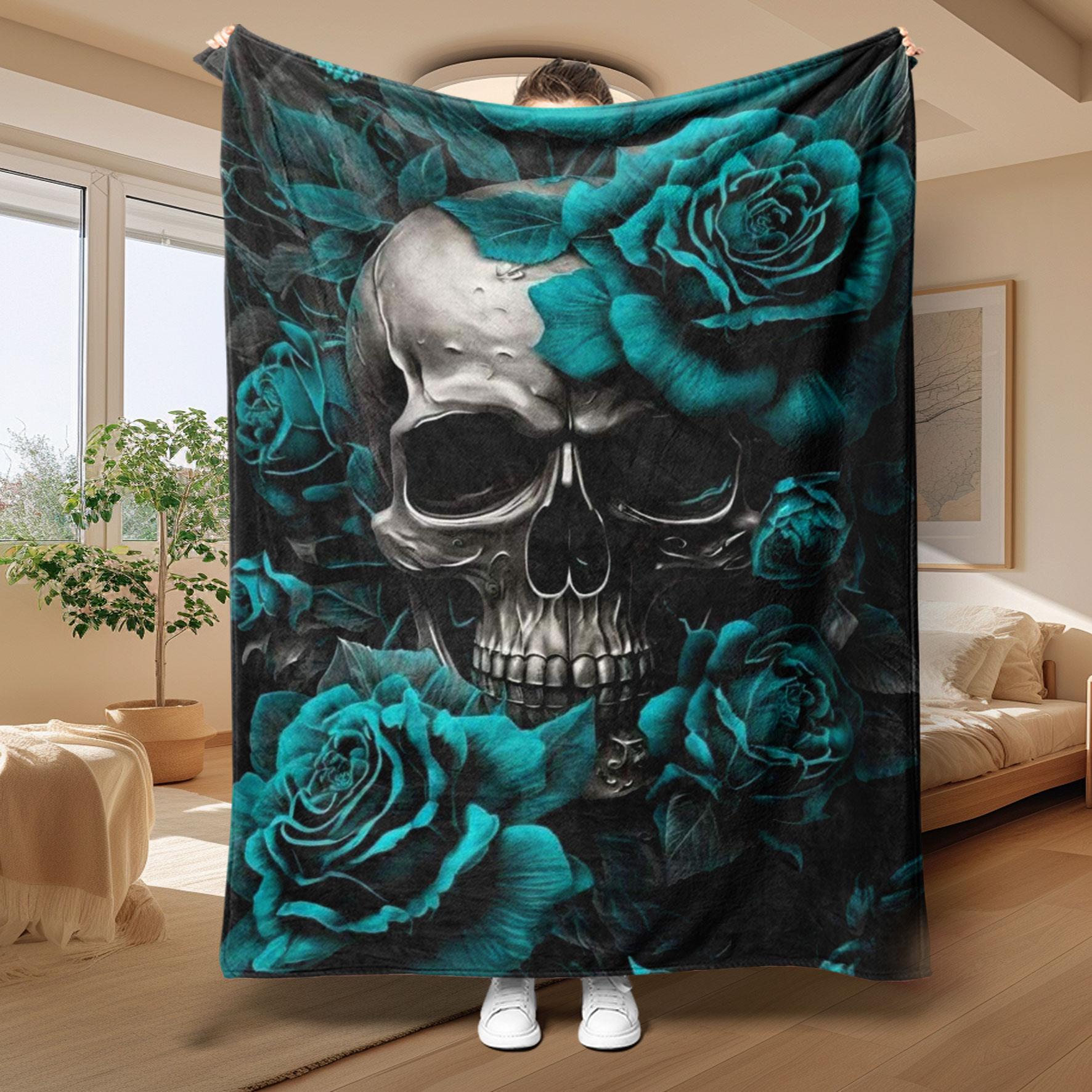 Skull & Rose Pattern Blanket, Soft Warm Throw Blanket, Cool Bedroom Bedding Blankets, Warm Napping Blanket for Home Office Travel