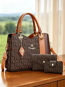 Women's Fashion Printed Handbag Set, Colorblock Tote with Adjustable Shoulder Strap, Large Capacity Crossbody Bag for Daily Use